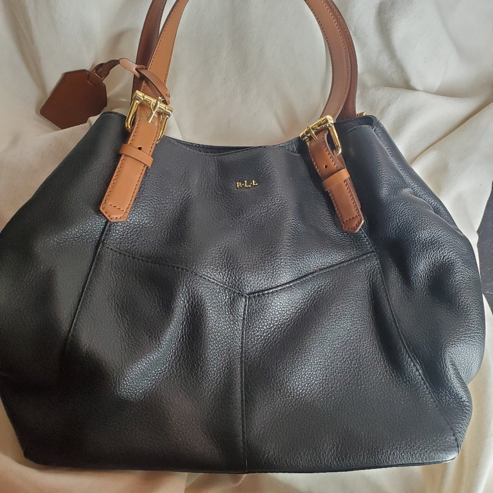 NIB Ralph Lauren Black Leather Satchel Handbag Brown Leather Straps Unused